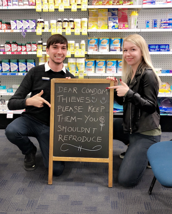 Pharmacists display their sign for condom thieves