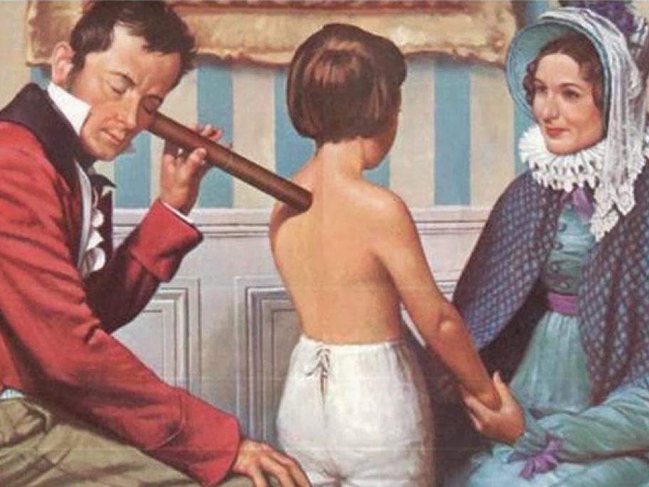 Dr Laennec using the early stethoscope
