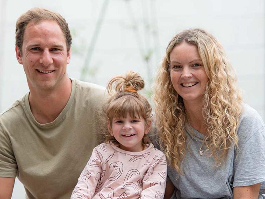 Joel Hood, Sarah Hood and daughter Maeve Hood in Melbourne. Maeve has Leigh Syndrome.