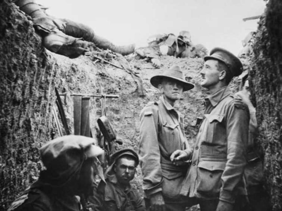 Anzac soldiers in a trench at Lone Pine, August 1915. AWM