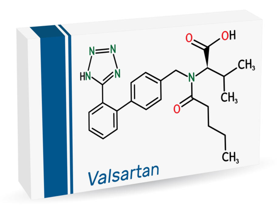 Box of valsartan showing its molecular structure