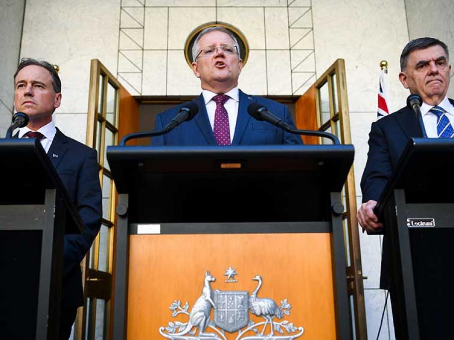 Federal Minister for Health Greg Hunt, Prime Minister Scott Morrison and CMO Brendan Murphy speak to media today.