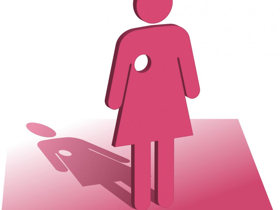 Pink silhouette of a woman with a circular hole for a breast - signifying mastectomy